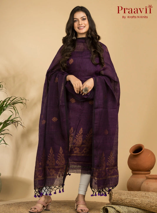 Dark Violet Handloom Jamdani Linen Suit with Traditional Motifs