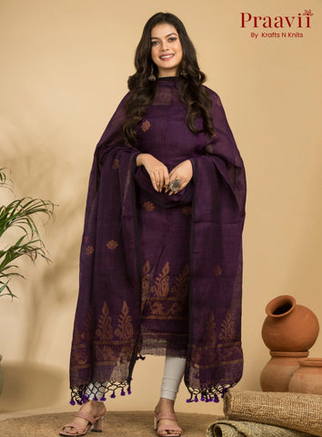 Dark Violet Handloom Jamdani Linen Suit with Traditional Motifs