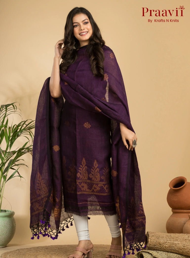 Dark Violet Handloom Jamdani Linen Suit with Traditional Motifs