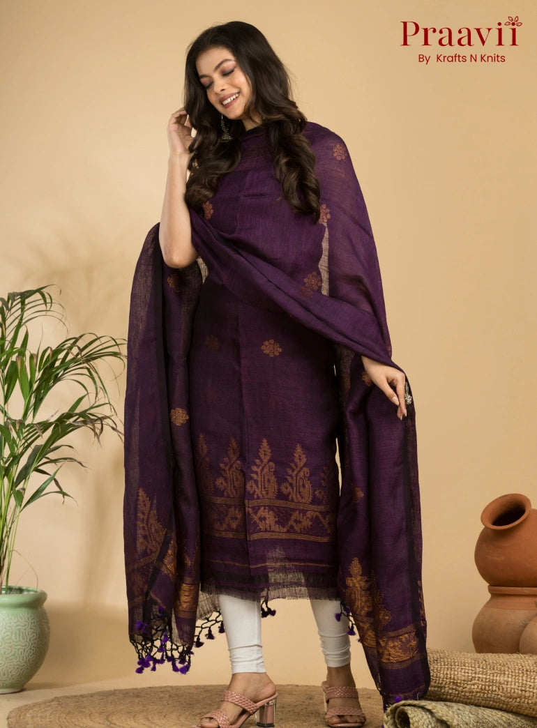 Dark Violet Handloom Jamdani Linen Suit with Traditional Motifs