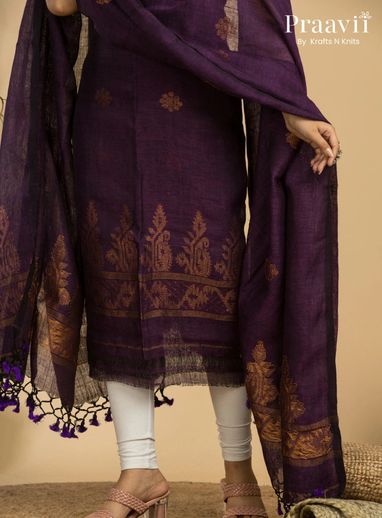 Dark Violet Handloom Jamdani Linen Suit with Traditional Motifs