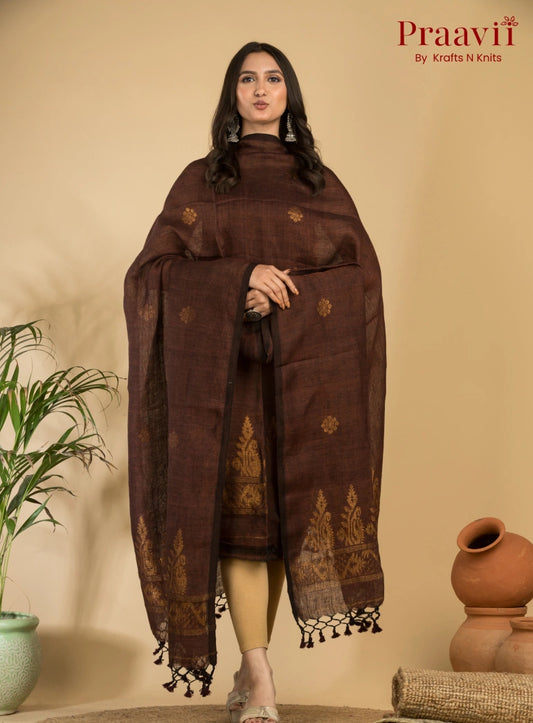 Coffee Brown Handloom Jamdani Linen 2- Piece Suit Set