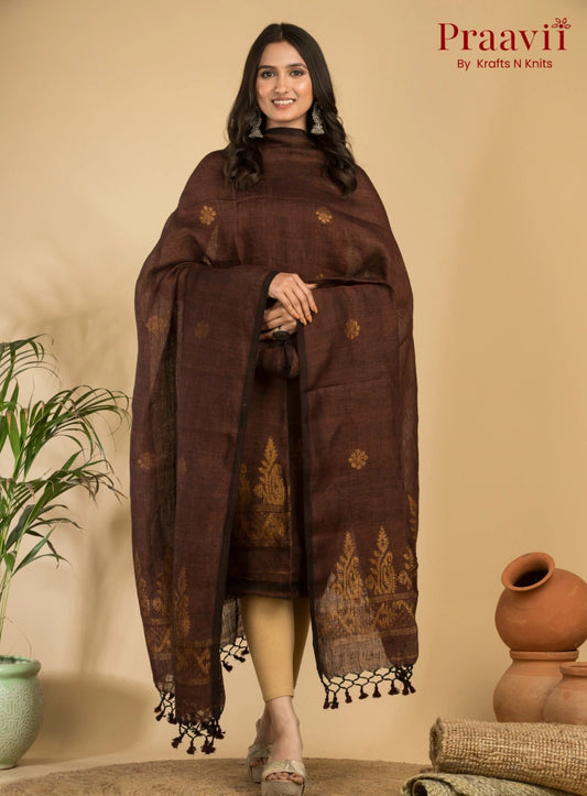 Dark Brown Handloom Jamdani Linen Suit with Traditional Motifs