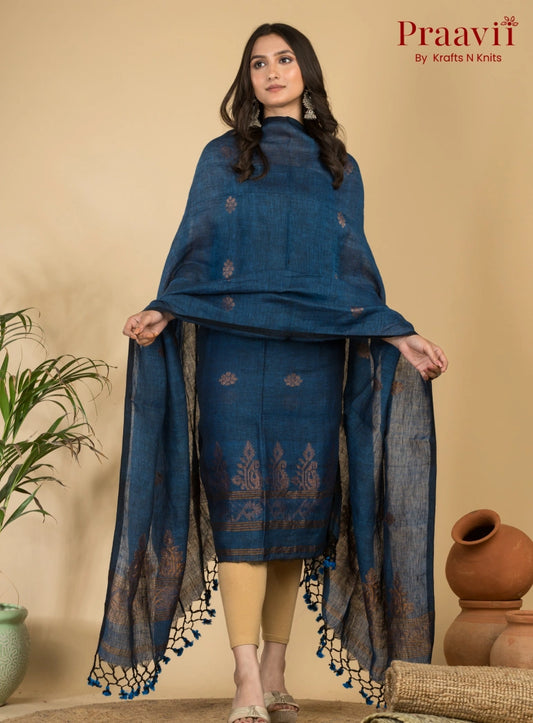 Lapis Blue Handloom Jamdani Linen Suit with Traditional Motifs