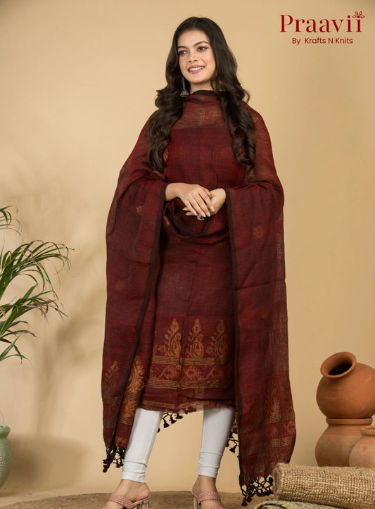 Maroon Handloom Jamdani Linen 2- Piece Suit Set