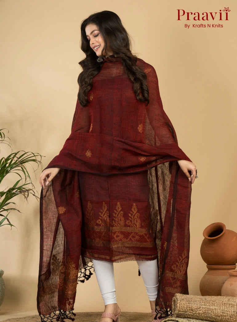 Maroon Handloom Jamdani Linen 2- Piece Suit Set