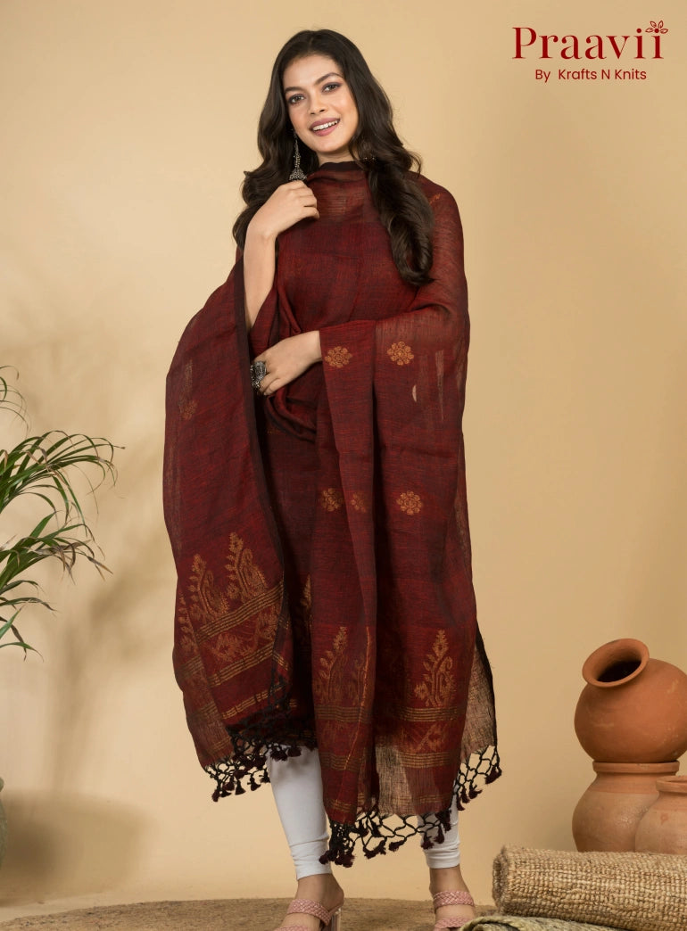 Maroon Handloom Jamdani Linen 2- Piece Suit Set