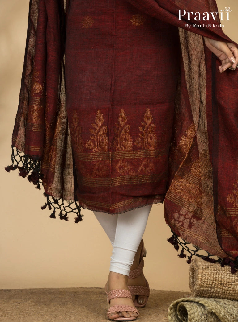 Maroon Handloom Jamdani Linen 2- Piece Suit Set