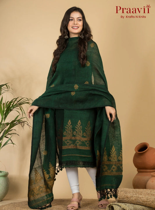 Dark Green Handloom Jamdani Linen 2- Piece Suit Set