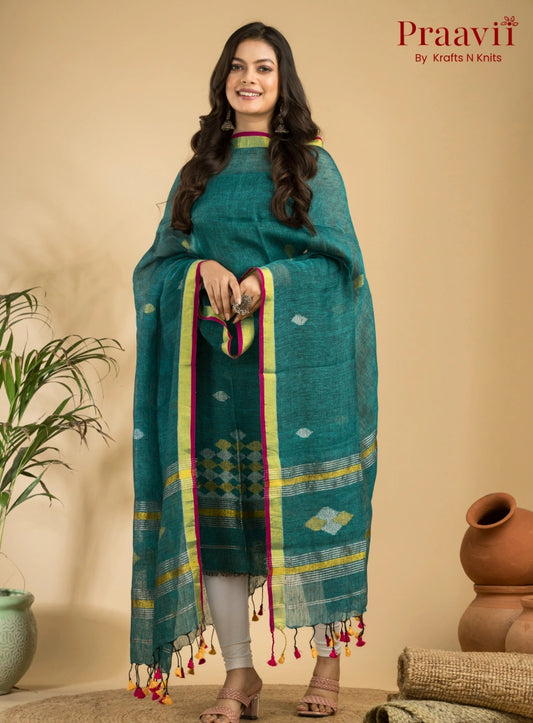 Turquoise Blue Handloom Jamdani Linen 2- Piece Suit Set