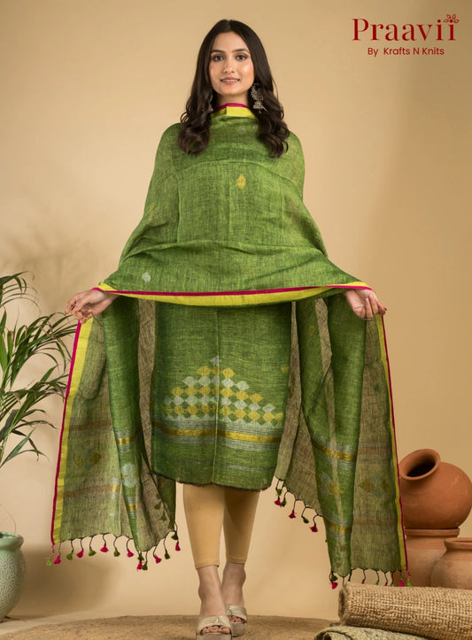 Peridot Green Handloom Jamdani Linen 2- Piece Suit Set