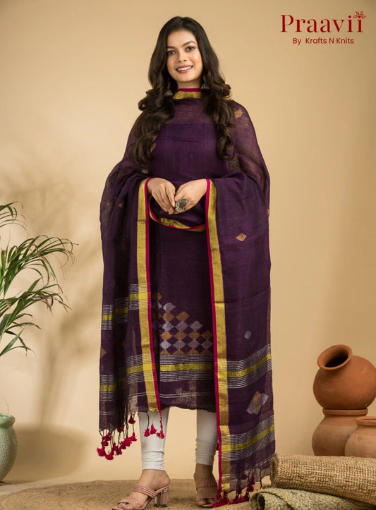 Amethyst Colour Handloom Jamdani Linen 2- Piece Suit Set