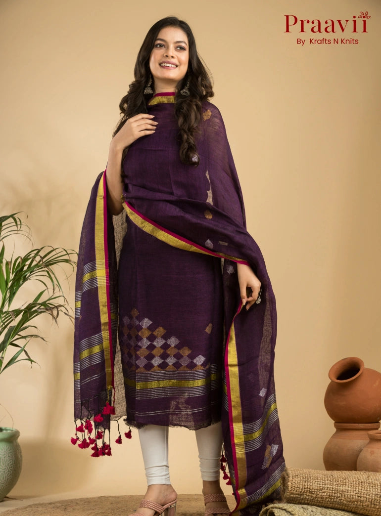 Amethyst Colour Handloom Jamdani Linen 2- Piece Suit Set