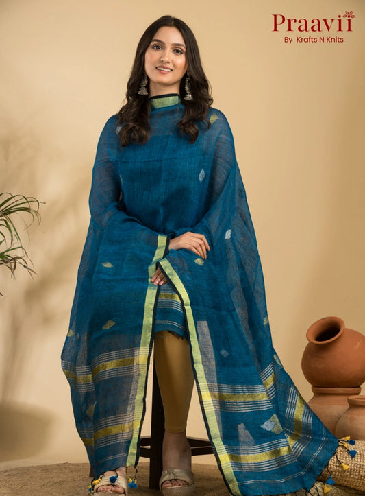 Blue Handloom Jamdani Linen 2- Piece Suit Set