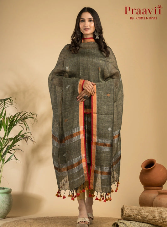 Olive Grey Handloom Jamdani Linen 2- Piece Suit Set