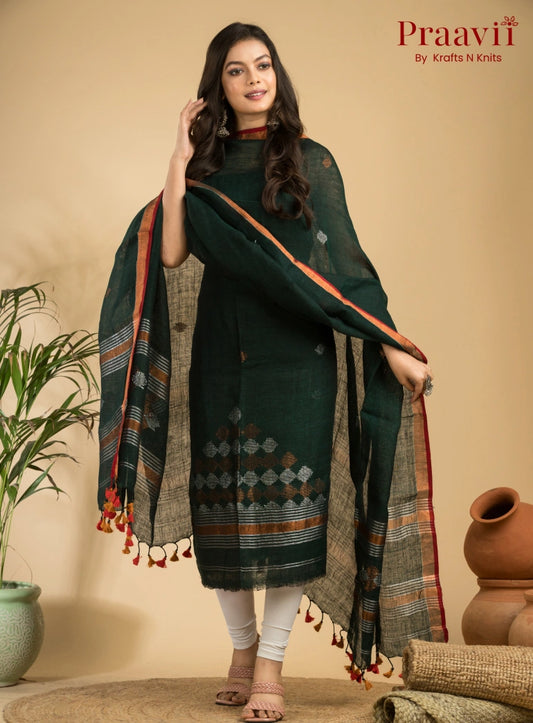 Dark Pine Green Handloom Jamdani Linen 2- Piece Suit Set