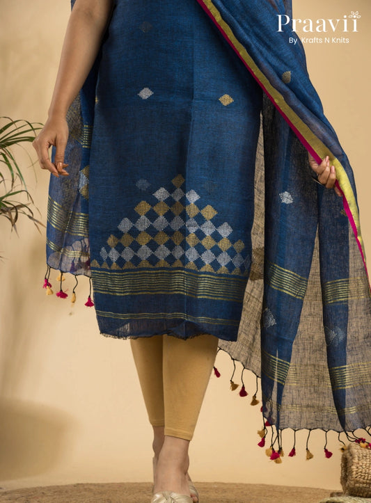 Royal Blue Green Handloom Jamdani Linen 2- Piece Suit Set