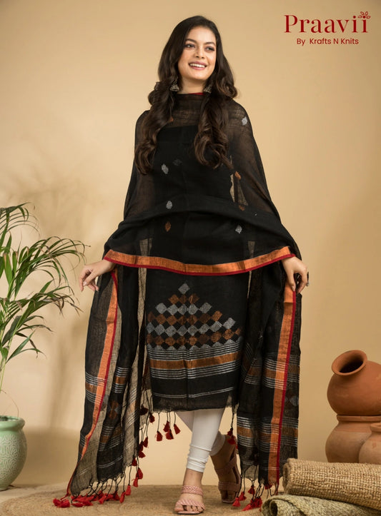 Ebony Black Green Handloom Jamdani Linen 2- Piece Suit Set