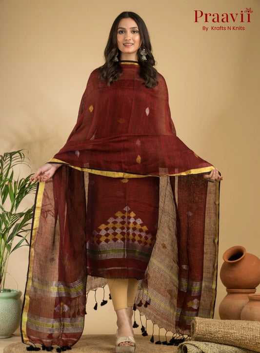 Mahogany Color Handloom Jamdani Linen 2- Piece Suit Set