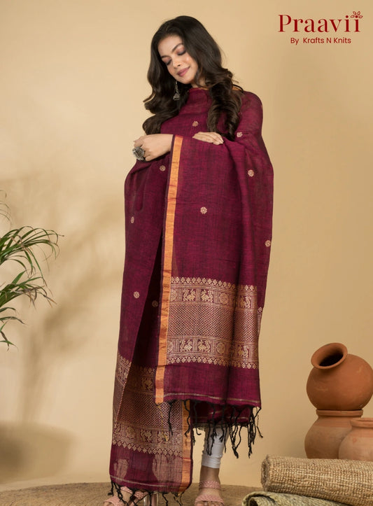 Burgundy Pure Linen Unstitched Jamdani 2-Piece Suit Set