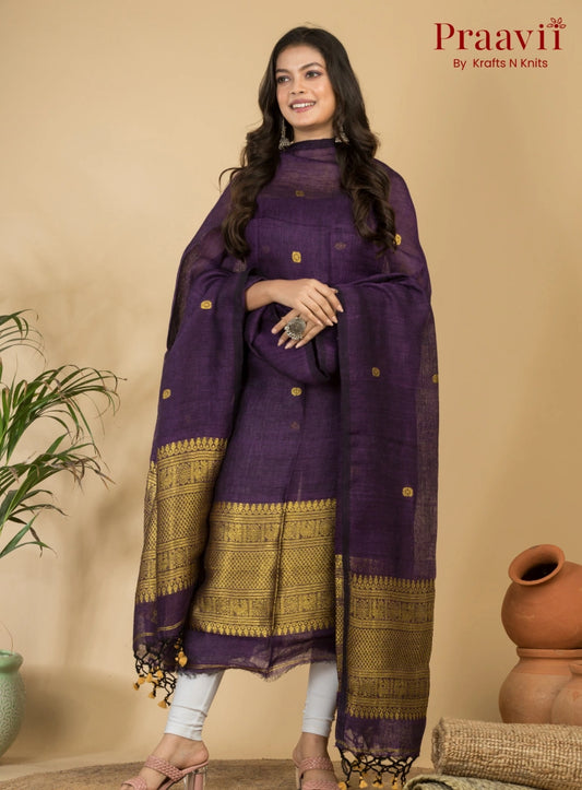 Deep Purple Pure Linen Unstitched Jamdani 2-Piece Suit Set