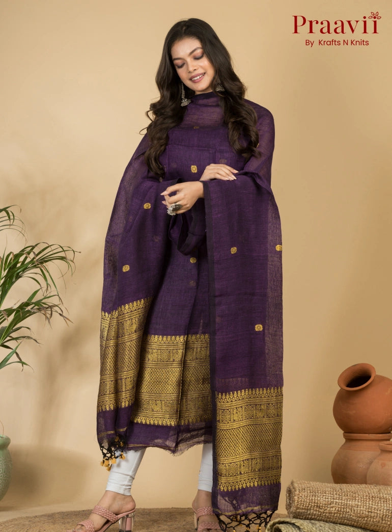 Deep Purple Pure Linen Unstitched Jamdani 2-Piece Suit Set