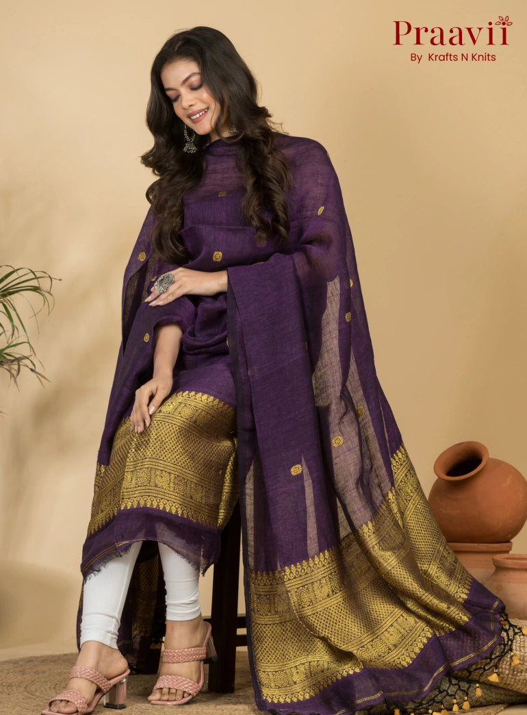 Deep Purple Pure Linen Unstitched Jamdani 2-Piece Suit Set