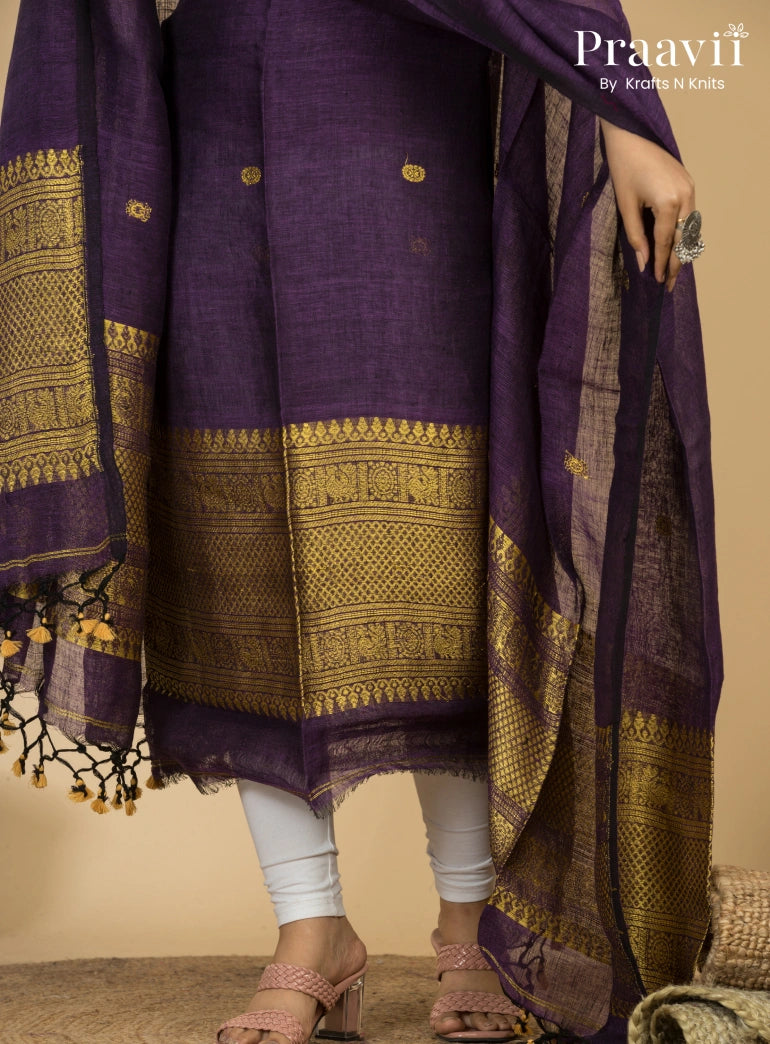 Deep Purple Pure Linen Unstitched Jamdani 2-Piece Suit Set