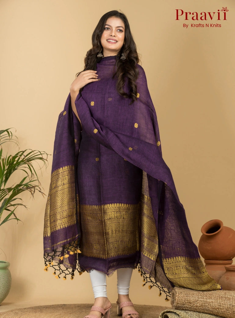 Deep Purple Pure Linen Unstitched Jamdani 2-Piece Suit Set