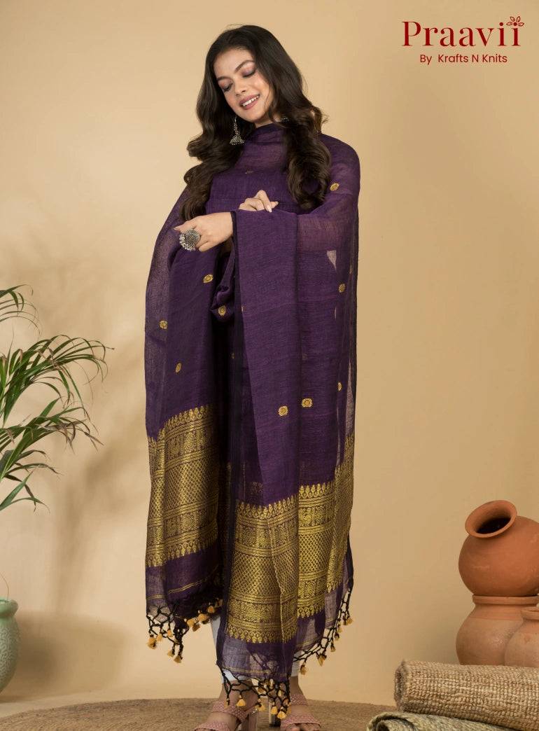 Deep Purple Pure Linen Unstitched Jamdani 2-Piece Suit Set