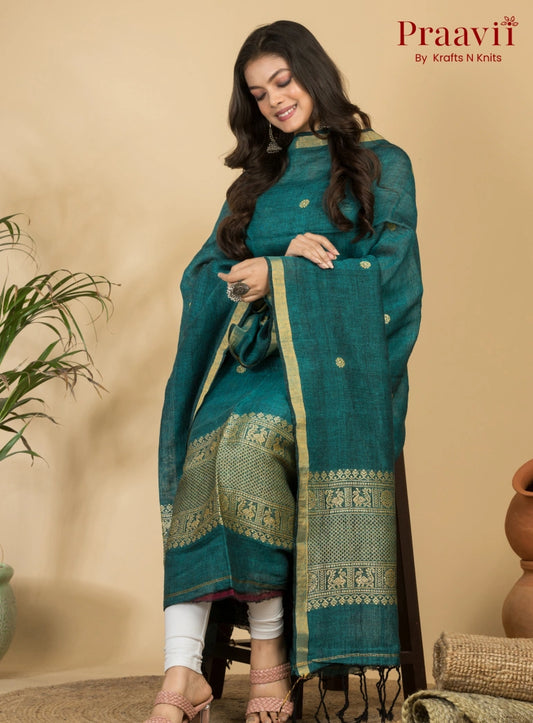 Dark Cyan Pure Linen Unstitched Jamdani 2-Piece Suit Set