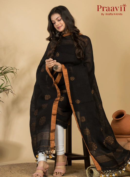 Classic Jet Black Pure Cotton Unstitched Jamdani 2-Piece Suit Set