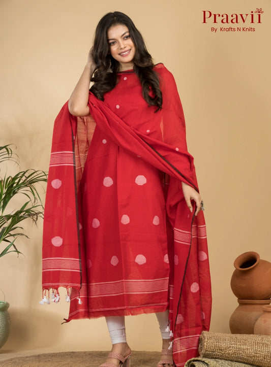 Crimson Red Pure Cotton Unstitched Jamdani 2-Piece Suit Set