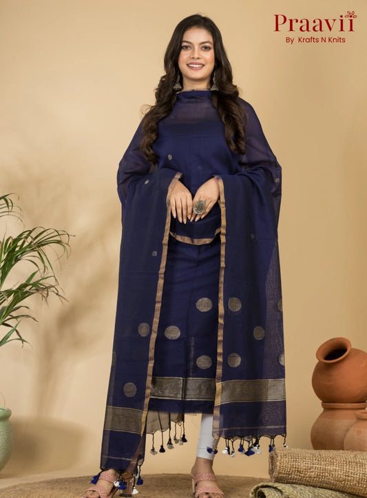 Royal Navy Blue Pure Cotton Unstitched Jamdani 2-Piece Suit Set