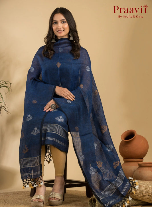 Indigo Blue Pure Linen Unstitched Jamdani Suit 2-Piece Set