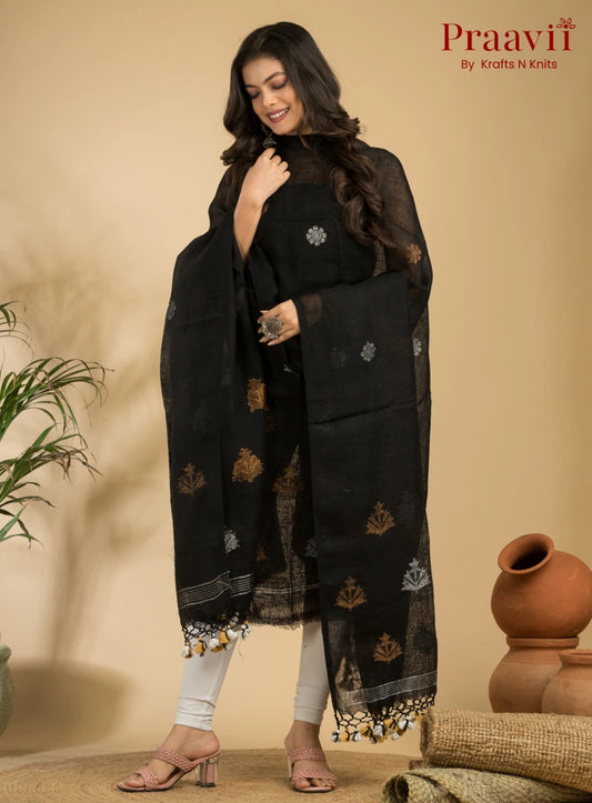Pitch Black Pure Linen Unstitched Jamdani Suit 2-Piece Set