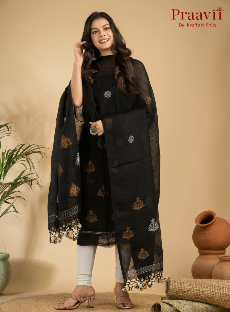 Pitch Black Pure Linen Unstitched Jamdani Suit 2-Piece Set