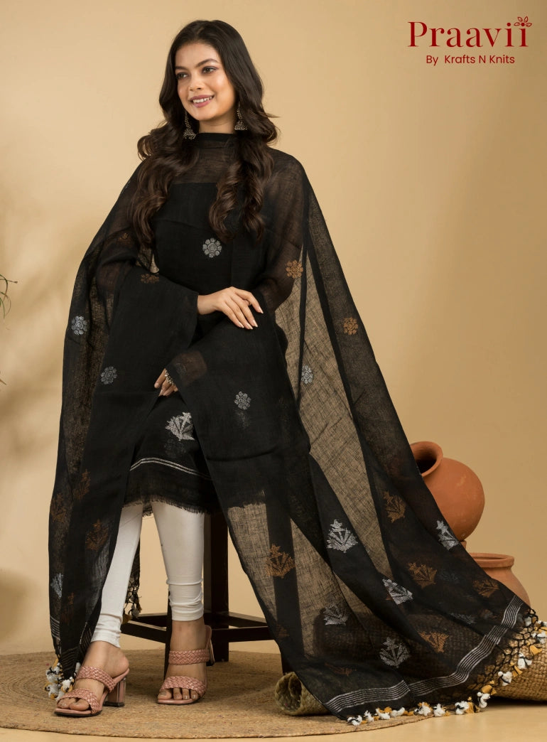 Pitch Black Pure Linen Unstitched Jamdani Suit 2-Piece Set