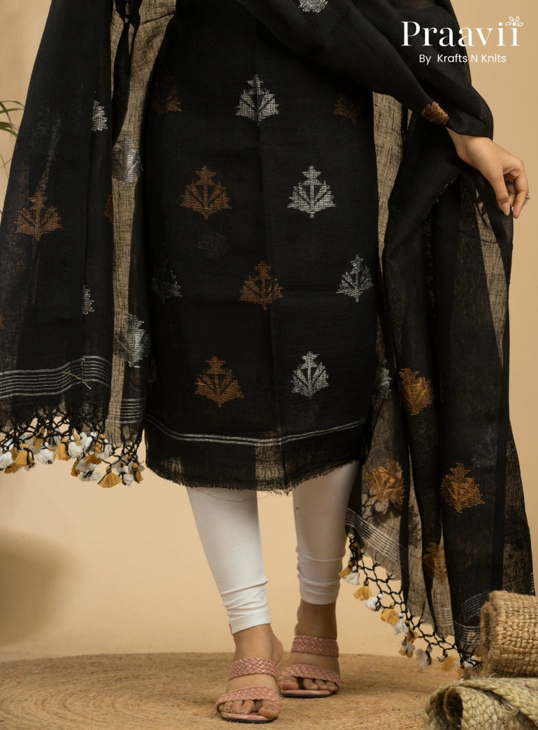 Pitch Black Pure Linen Unstitched Jamdani Suit 2-Piece Set