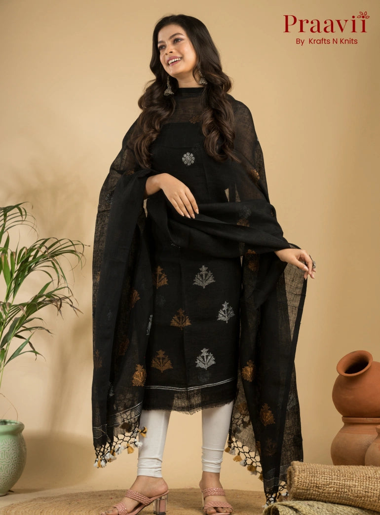 Pitch Black Pure Linen Unstitched Jamdani Suit 2-Piece Set