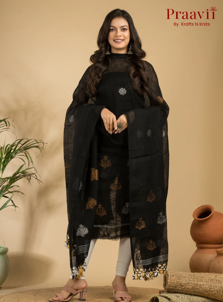 Pitch Black Pure Linen Unstitched Jamdani Suit 2-Piece Set
