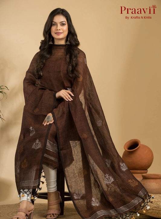Dark Brown Pure Linen Unstitched Jamdani Suit 2-Piece Set