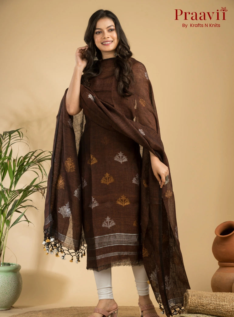 Dark Brown Pure Linen Unstitched Jamdani Suit 2-Piece Set
