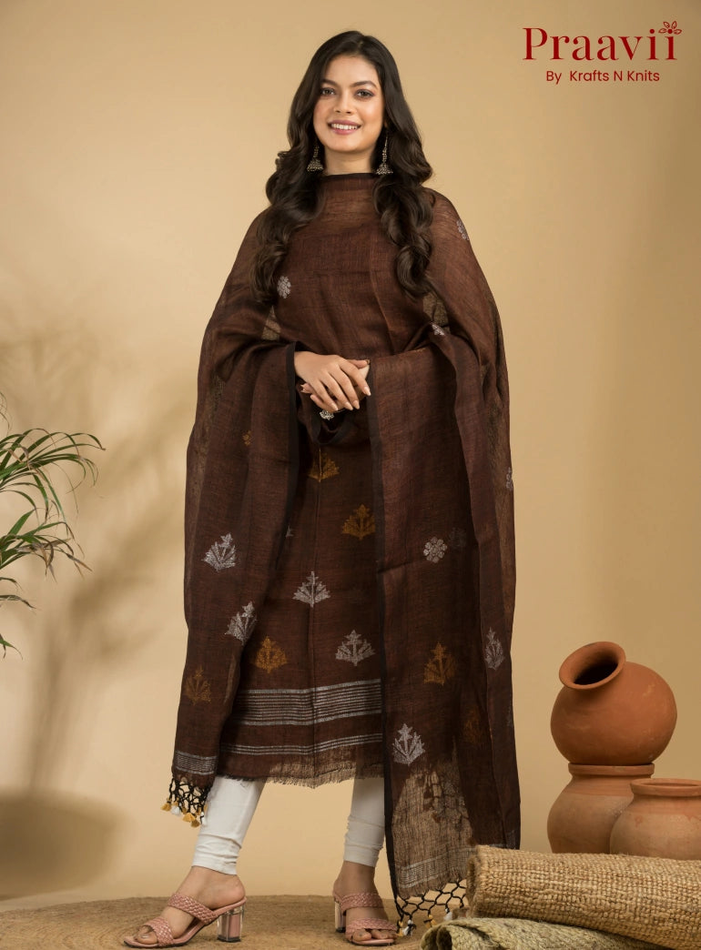 Dark Brown Pure Linen Unstitched Jamdani Suit 2-Piece Set