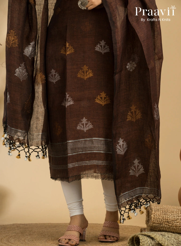 Dark Brown Pure Linen Unstitched Jamdani Suit 2-Piece Set