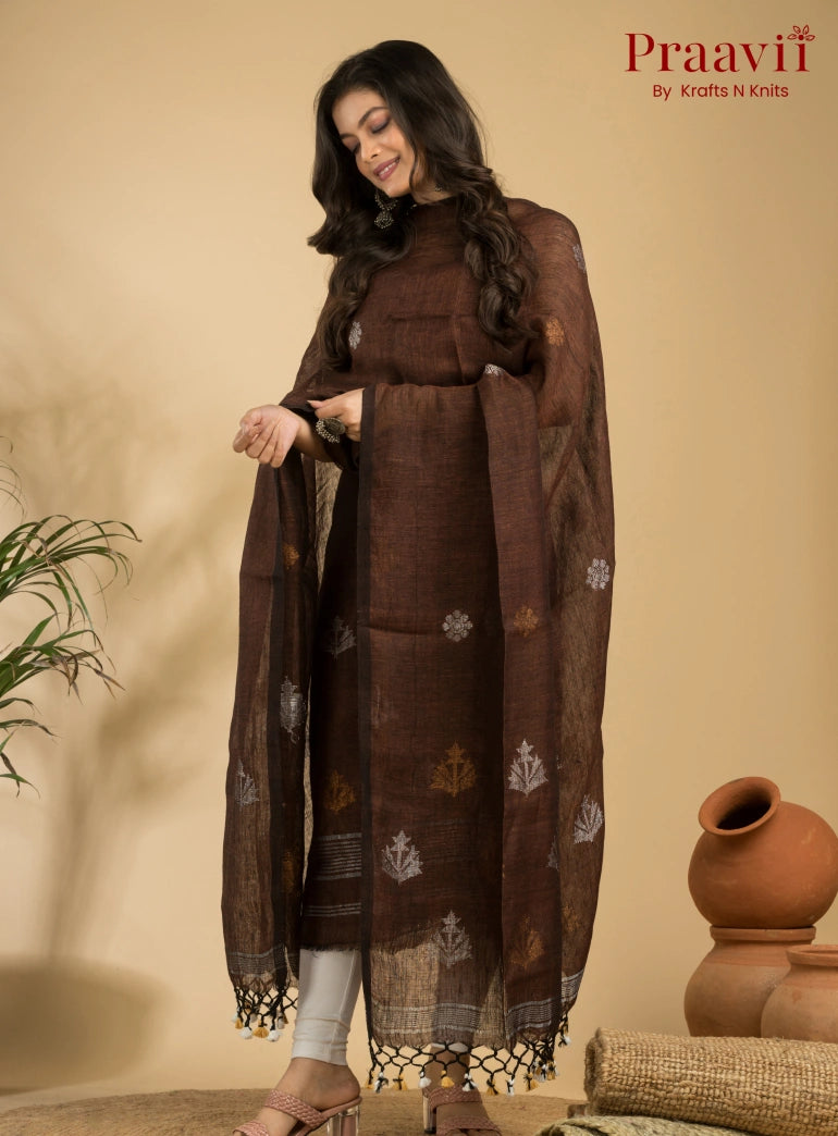 Dark Brown Pure Linen Unstitched Jamdani Suit 2-Piece Set
