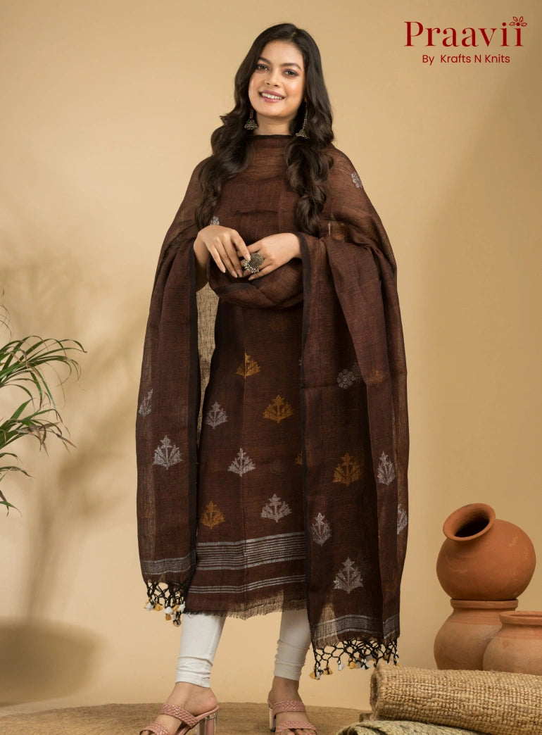 Dark Brown Pure Linen Unstitched Jamdani Suit 2-Piece Set