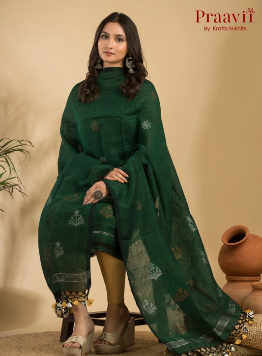 Peacock Green Pure Linen Unstitched Jamdani Suit 2-Piece Set