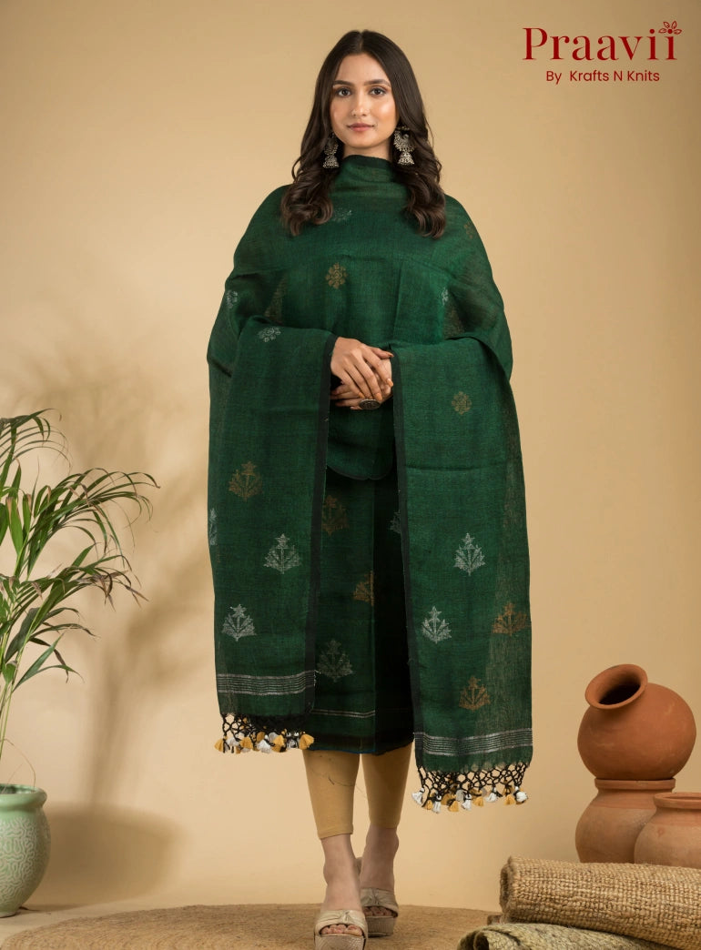 Peacock Green Pure Linen Unstitched Jamdani Suit 2-Piece Set