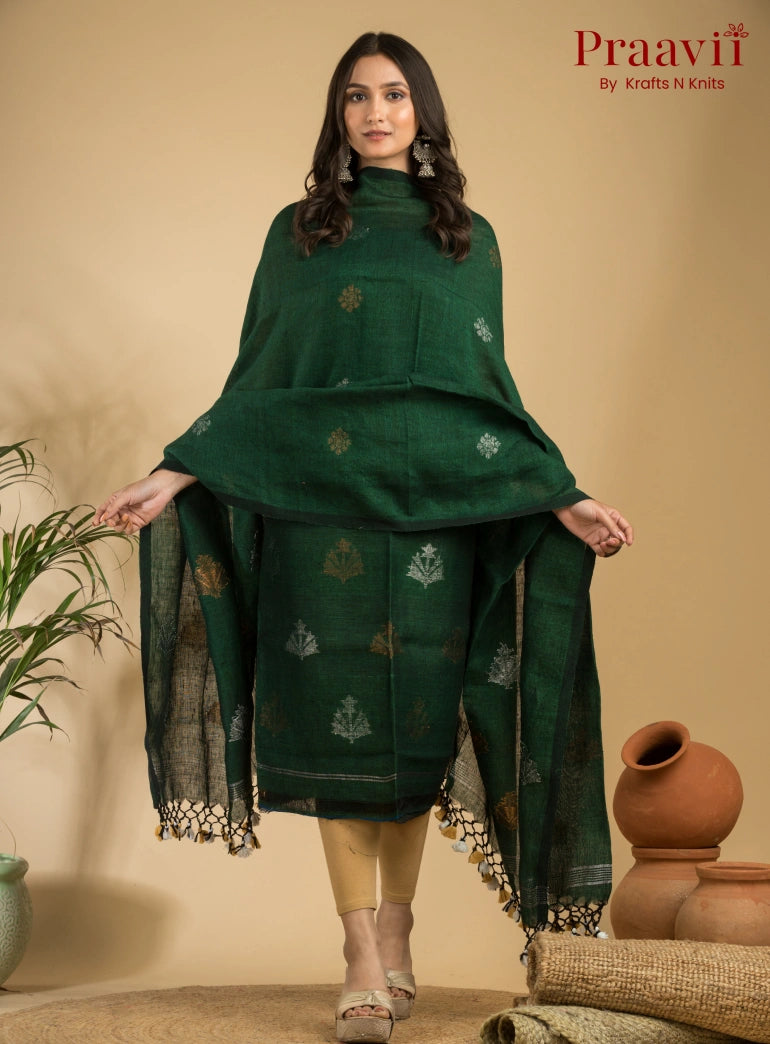 Peacock Green Pure Linen Unstitched Jamdani Suit 2-Piece Set